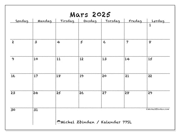 Kalender mars 2025, 77SL. Gratis journal for utskrift.