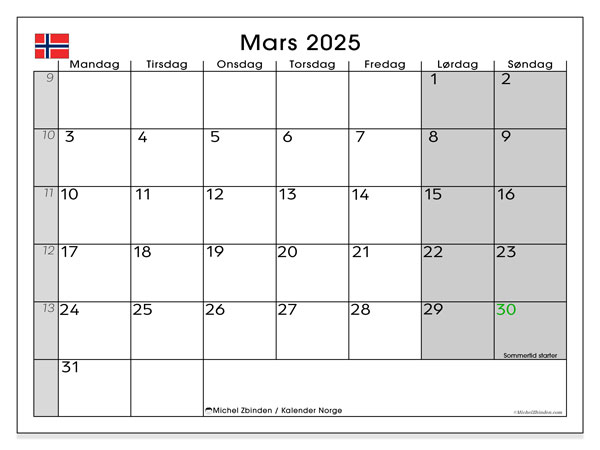 Kalender mars 2025 “Norge”. Gratis kalender for utskrift.. Mandag til søndag