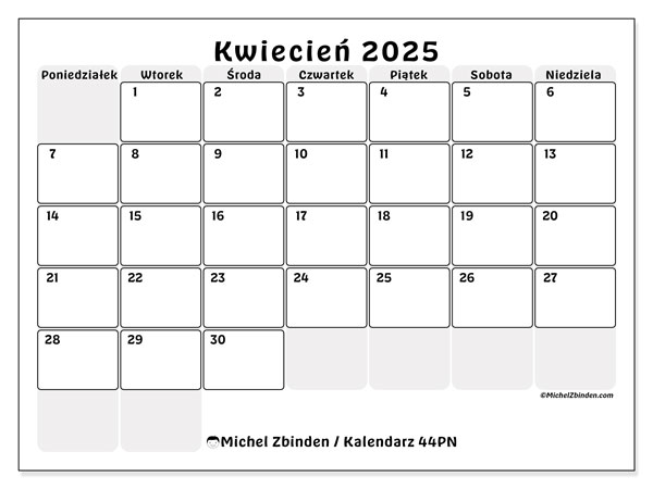 Kalendarz kwiecień 2025, 44PN. Darmowy kalendarz do druku.