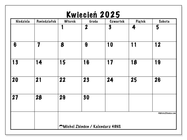 Kalendarz kwiecień 2025, 48NS. Darmowy kalendarz do druku.