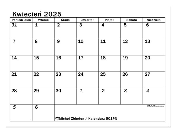 Kalendarz kwiecień 2025, 501PN. Darmowy kalendarz do druku.
