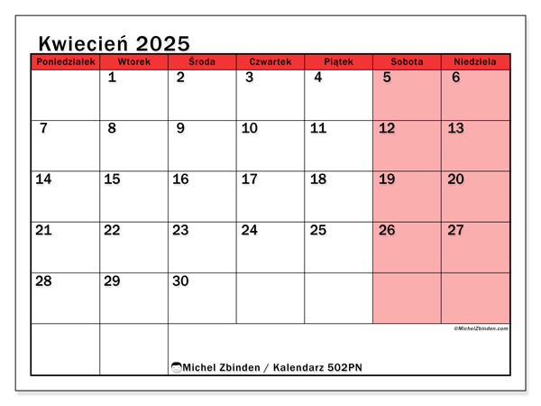 Kalendarz kwiecień 2025, 502NS. Darmowy kalendarz do druku.