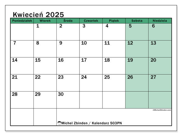 Kalendarz kwiecień 2025, 503NS. Darmowy kalendarz do druku.