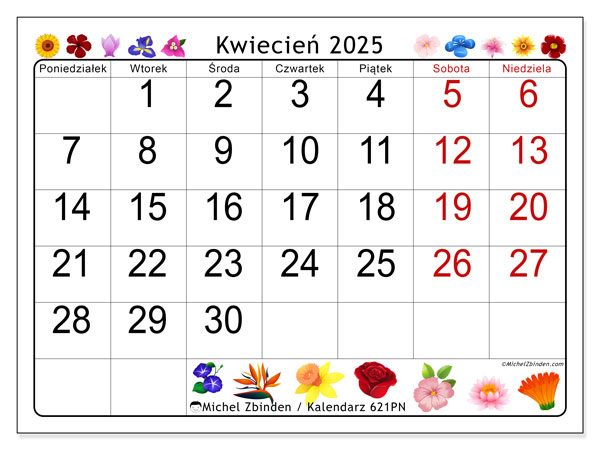 Kalendarz kwiecień 2025, 621PN. Darmowy kalendarz do druku.