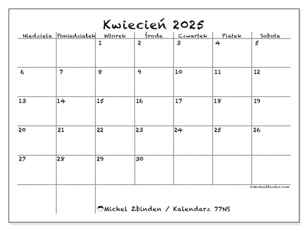 Kalendarz kwiecień 2025, 77NS. Darmowy kalendarz do druku.