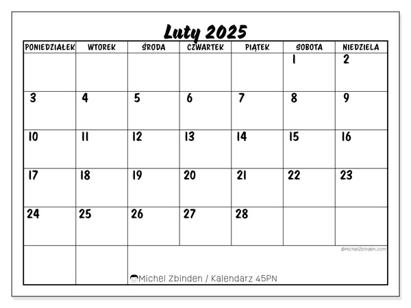 Kalendarz luty 2025, 45PN. Darmowy plan do druku.