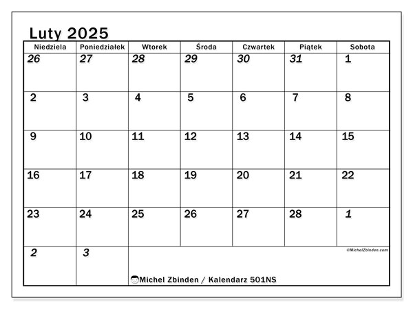 Kalendarz luty 2025, 501NS. Darmowy plan do druku.