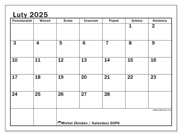 Kalendarz luty 2025, 50PN. Darmowy plan do druku.