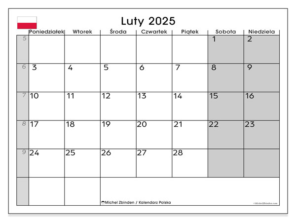 Kalendarz luty 2025 “Polska”. Darmowy plan do druku.. Od poniedziałku do niedzieli