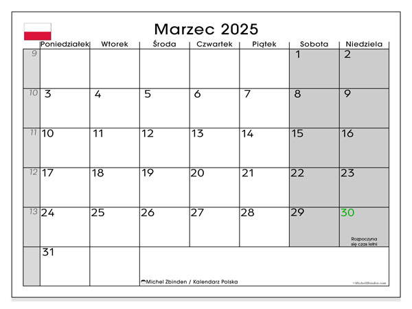 Kalendarz marzec 2025 “Polska”. Darmowy kalendarz do druku.. Od poniedziałku do niedzieli