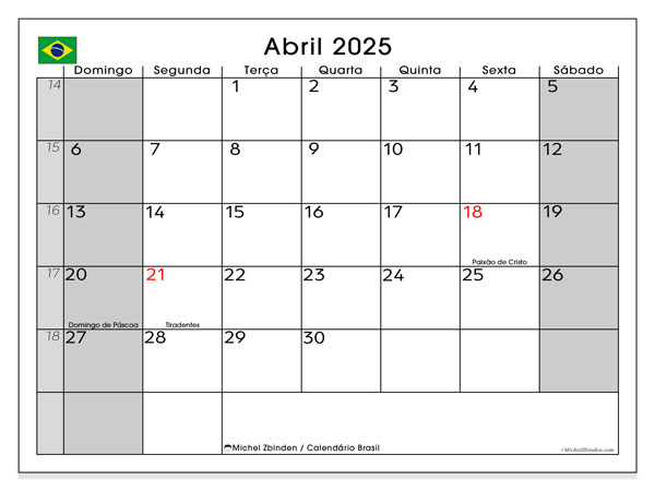 Kalenteri huhtikuu 2025, Brasilia (PT). Ilmainen tulostettava ohjelma.