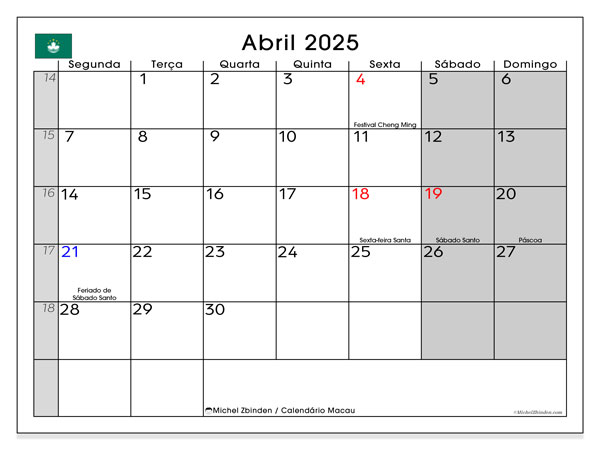 Kalenteri huhtikuu 2025, Macao (PT). Ilmainen tulostettava ohjelma.