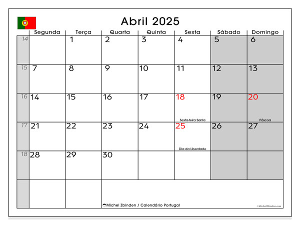 Kalenteri huhtikuu 2025, Portugali (PT). Ilmainen tulostettava ohjelma.