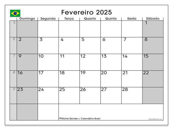 Kalendarz luty 2025, Brazylia (PT). Darmowy kalendarz do druku.