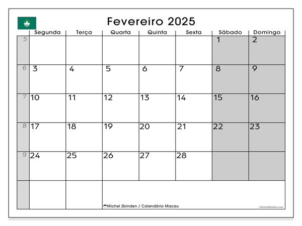 Kalenteri helmikuu 2025, Macao (PT). Ilmainen tulostettava lehti.