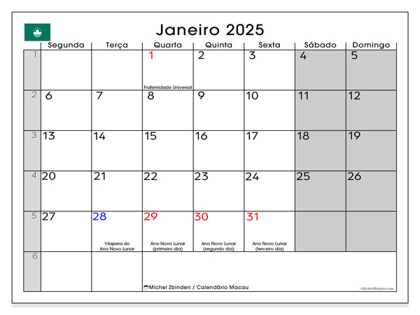 Kalender januari 2025, Macao (PT). Gratis utskrivbart program.