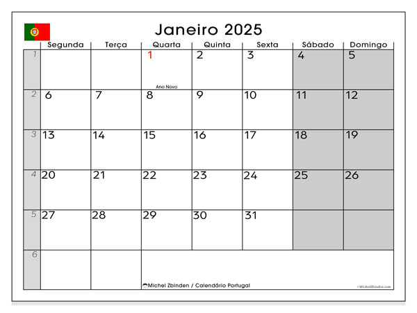 Kalenteri tammikuu 2025, Portugali (PT). Ilmainen tulostettava ohjelma.