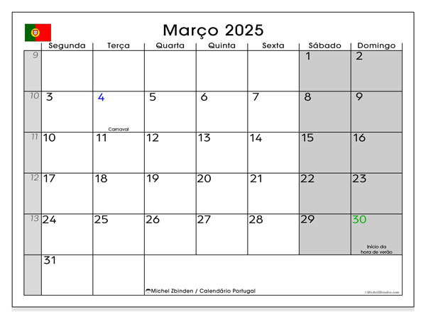 Kalendarz marzec 2025, Portugalia (PT). Darmowy kalendarz do druku.