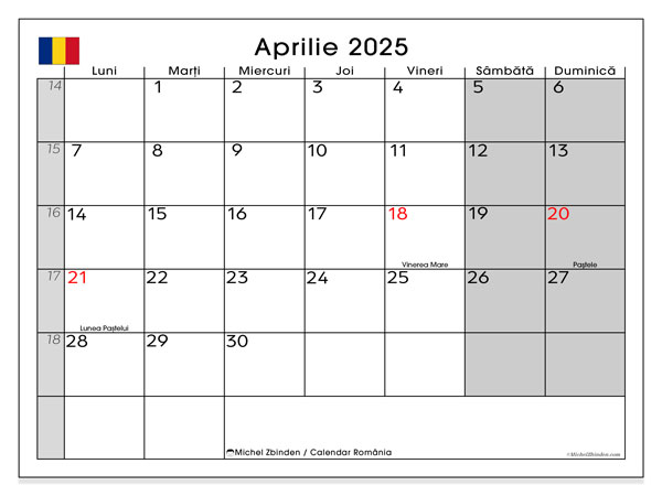 Kalenteri huhtikuu 2025, Romania (RO). Ilmainen tulostettava ohjelma.