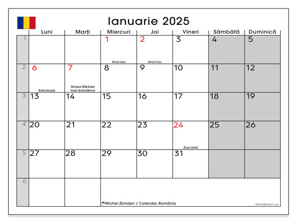 Kalender januari 2025, Roemenië (RO). Gratis afdrukbare kalender.