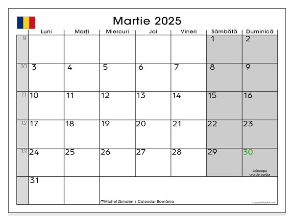 Kalendarz marzec 2025, Rumunia (RO). Darmowy kalendarz do druku.