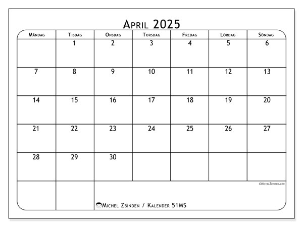 Kalender april 2025, 51SL. Schema för gratis utskrift.