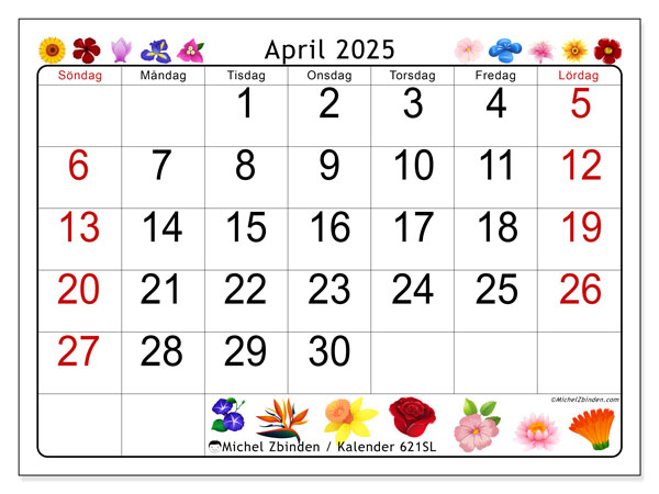 Kalender april 2025, 621SL. Schema för gratis utskrift.