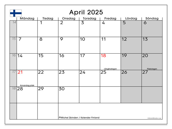 Kalender april 2025 “Finland”. Gratis utskrivbart program.. Måndag till söndag