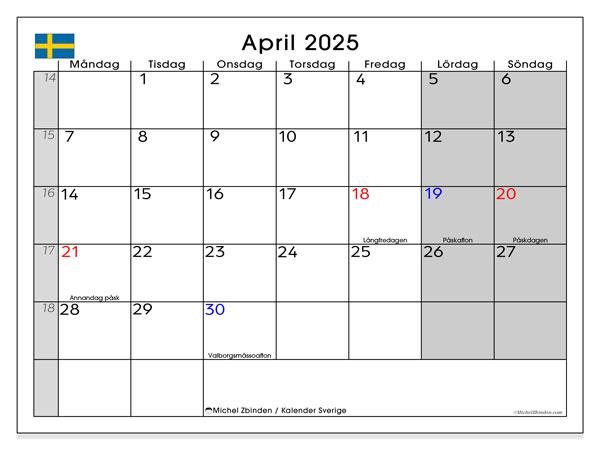 Kalenteri huhtikuu 2025, Ruotsi (SV). Ilmainen tulostettava ohjelma.