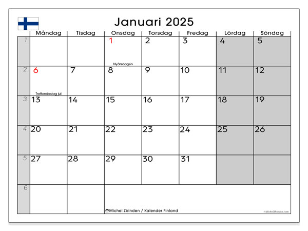 Kalender januar 2025, Finland (SV). Gratis program for utskrift.
