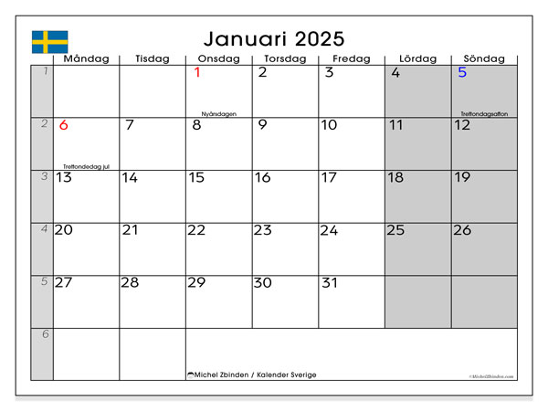 Kalender januar 2025, Sverige (SV). Gratis program for utskrift.