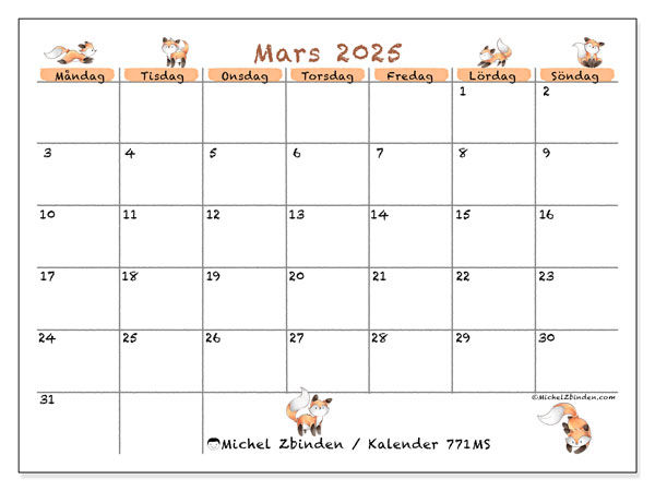 Kalender mars 2025, 771MS. Gratis utskrivbart program.