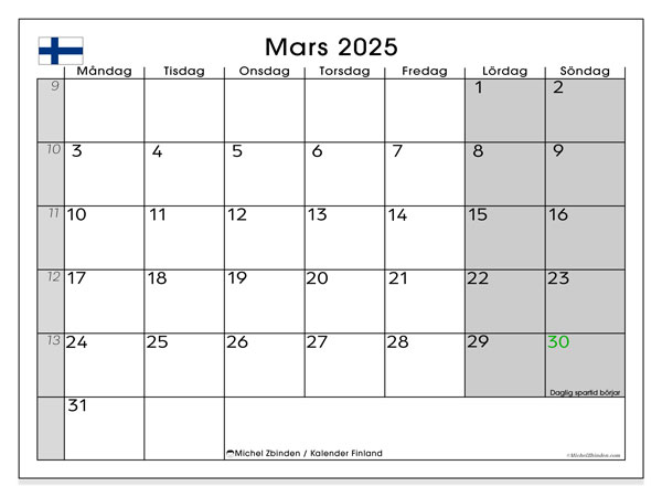 Kalenteri maaliskuu 2025, Suomi (SV). Ilmainen tulostettava ohjelma.
