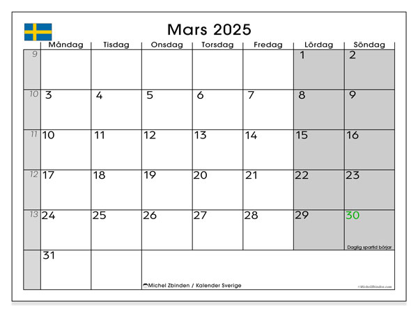 Kalendarz marzec 2025, Szwecja (SV). Darmowy kalendarz do druku.