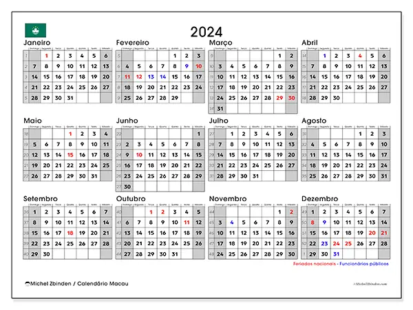 Calendário Macau para 2024, que pode ser impresso gratuitamente. Semana: De domingo a sábado.