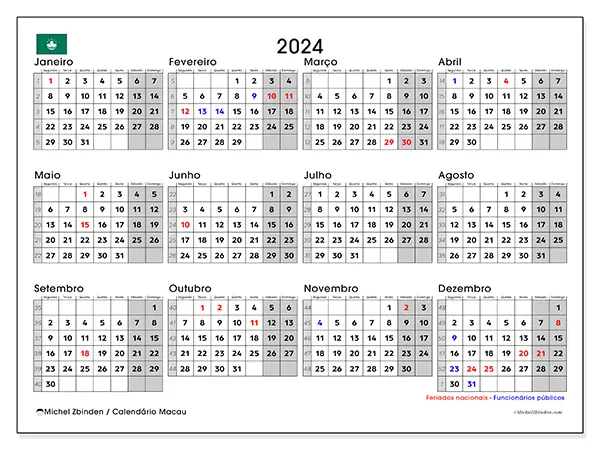 Calendário Macau para 2024, que pode ser impresso gratuitamente. Semana: Segunda-feira a domingo.
