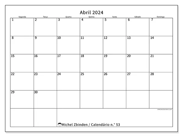 Calendário n.° 53 gratuito para imprimir, abril 2025. Semana:  Segunda-feira a domingo