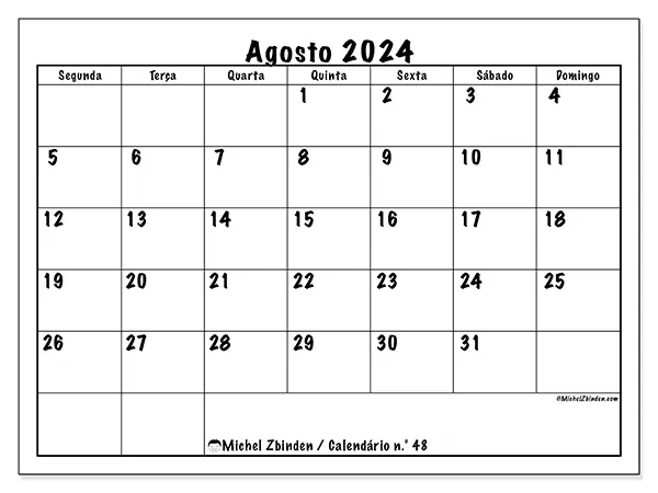 Calendário para imprimir n° 48, agosto de 2024