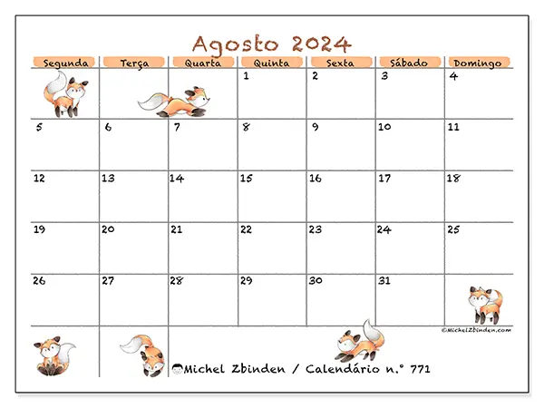 Calendário n.° 771 para agosto de 2024, que pode ser impresso gratuitamente. Semana:  Segunda-feira a domingo.