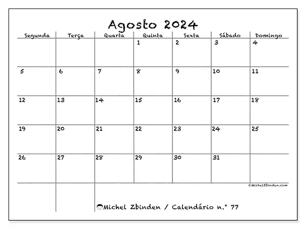 Calendário para imprimir n° 77, agosto de 2024