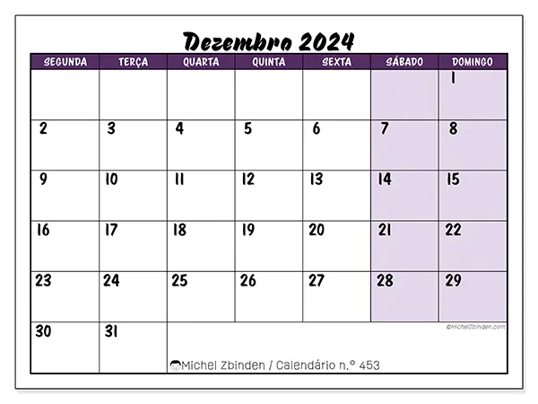 Calendário para imprimir n° 453, dezembro de 2024