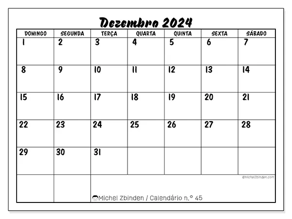 Calendário n.° 45 para dezembro de 2024, que pode ser impresso gratuitamente. Semana:  De domingo a sábado.