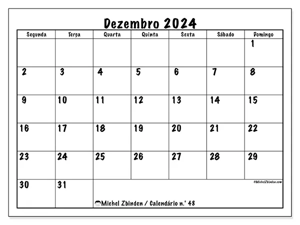 Calendário n.° 48 para dezembro de 2024, que pode ser impresso gratuitamente. Semana:  Segunda-feira a domingo.