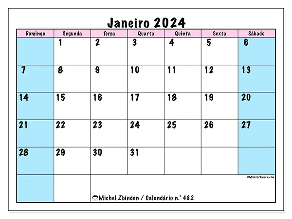 Calendário n.° 482 gratuito para imprimir, janeiro 2025. Semana:  De domingo a sábado