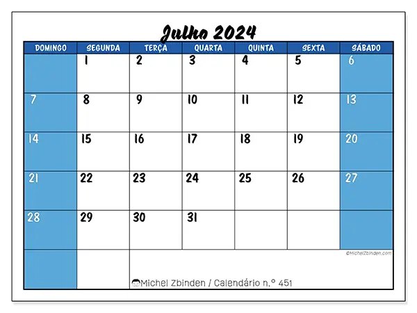 Calendário para imprimir n° 451, julho de 2024