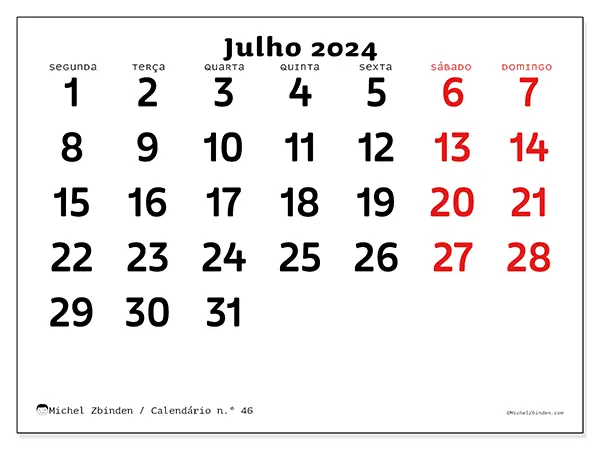 Calendário para imprimir n° 46, julho de 2024