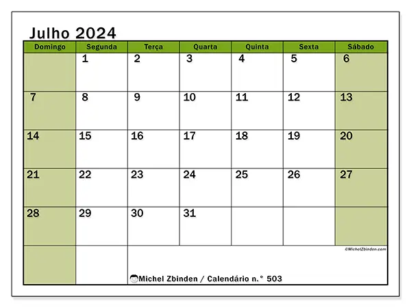 Calendário para imprimir n° 503, julho de 2024