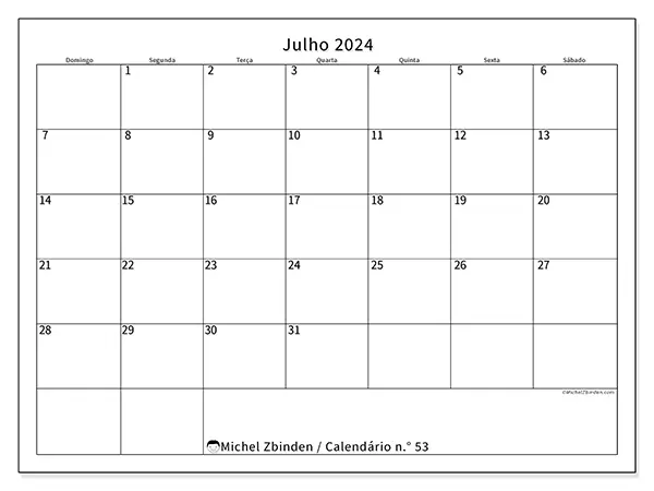 Calendário n.° 53 gratuito para imprimir, julho 2025. Semana:  De domingo a sábado