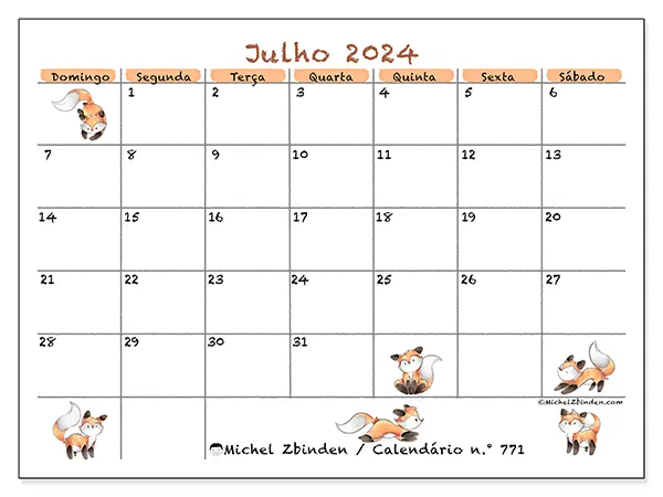 Calendário n.° 771 para julho de 2024, que pode ser impresso gratuitamente. Semana:  De domingo a sábado.