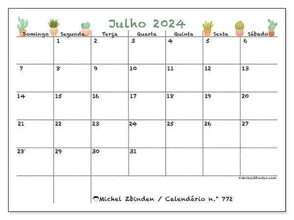 Calendário n.° 772 para julho de 2024, que pode ser impresso gratuitamente. Semana:  De domingo a sábado.